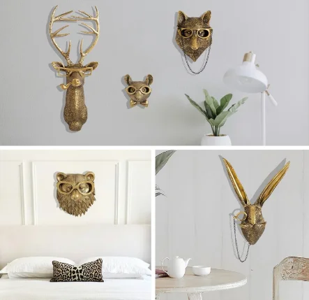 Cast Metal Wall Mounted Animal Head Home Decorative Animal Heads Wall Decor Faux Deer Head Animal Sculptures Wall Decor