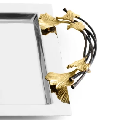 Luxury Stainless Steel Rectangle Tray Large Tray Golden Collection Natural and Oxisidised Brass stems and Leaves Delicate Design