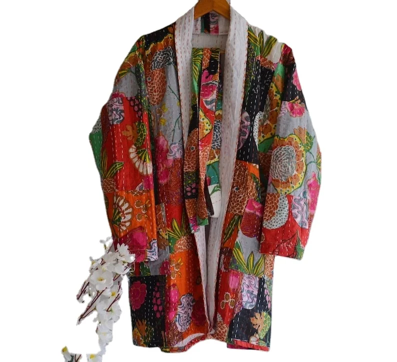 Fruit Patch Print kantha jacket Front Open Jacket Japanese kimono style Beach wear bohemian kantha robe winter jacket boho coat