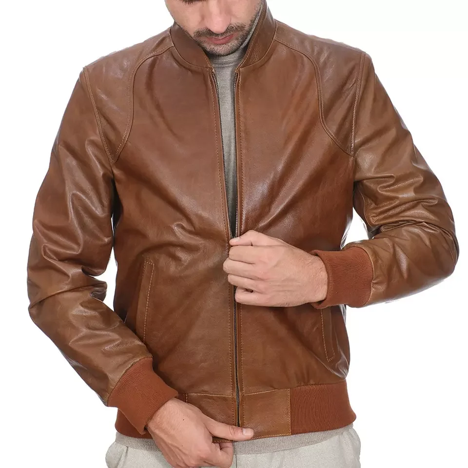 Pakistan Top Quality Manufacture Brown Leather Bomber Jacket Premium Lambskin Burnishing Men Leather jackets