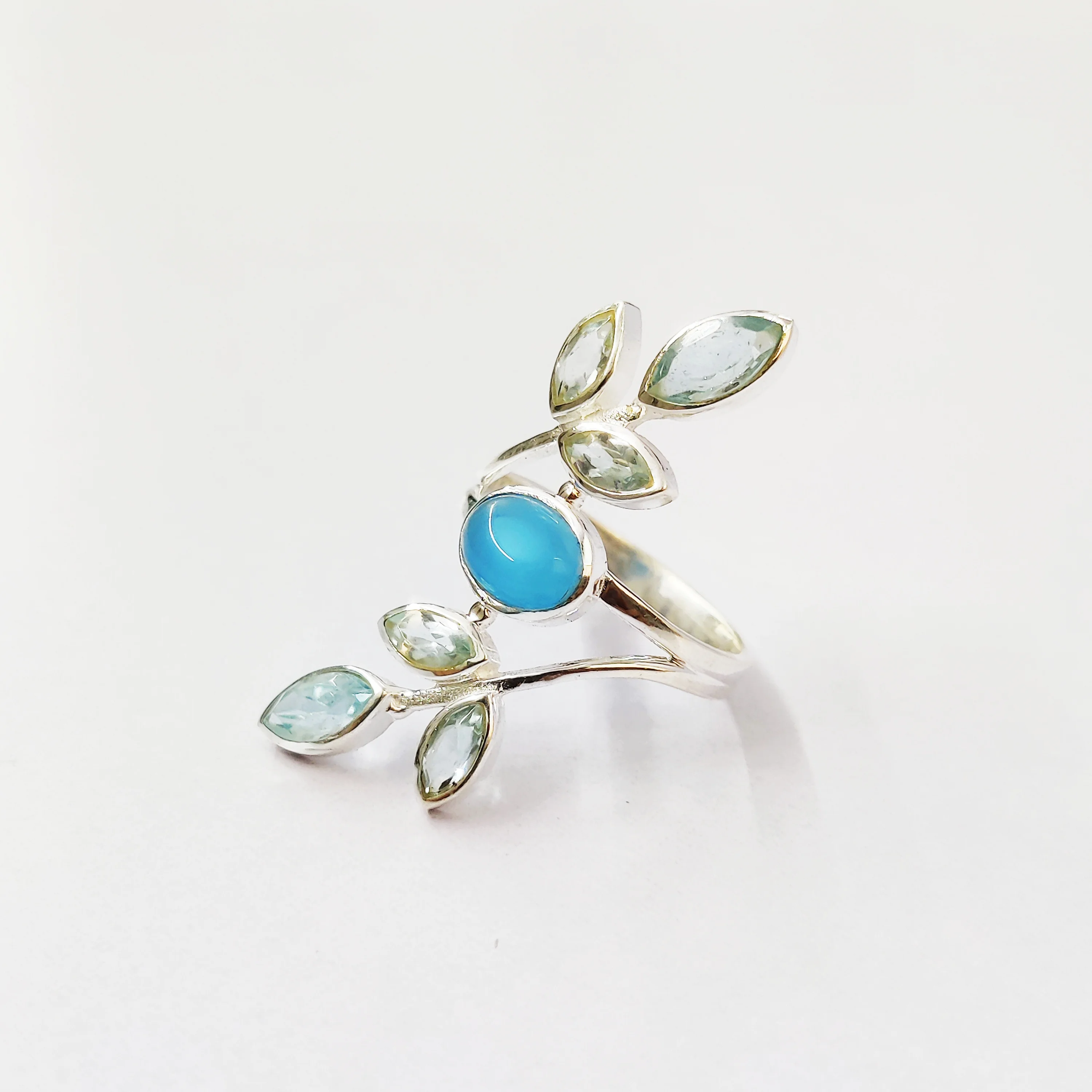 Unisex Multi-Stone Vintage Ring Lightweight Silver Gemstone Ring with Blue Quartz and Turquoise for Men and Women