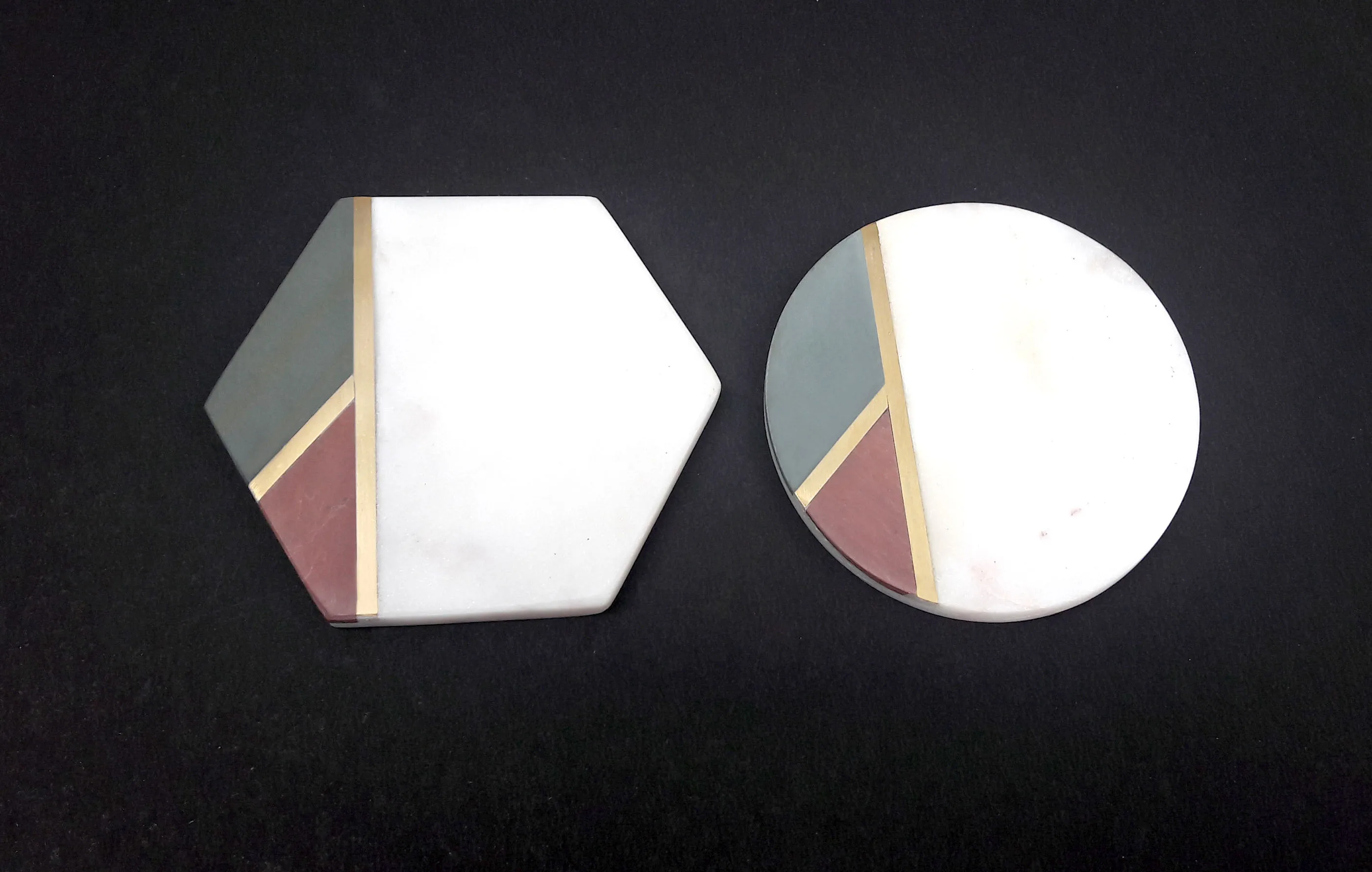 White natural marble Square coasters Pointed Edge Curve Edge stone mat set with gold brass inlay brass strip Green marble felt