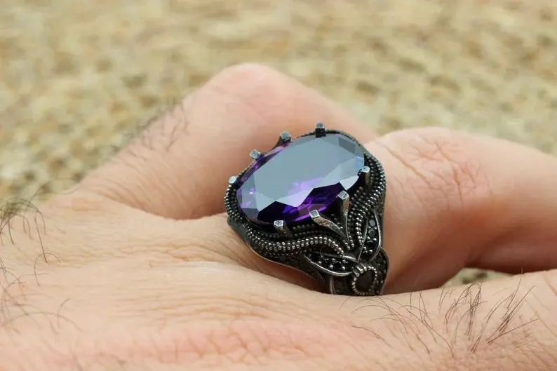 Solid 925 Sterling Silver Ring Amethyst Stone Unique Design Fancy Band Anniversary Party Wear Birthday Gifts Rings