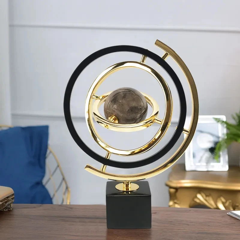 Modern Abstract Metal Black & Gold Globe Ornament Sculpture Decor with Rectangle Stand