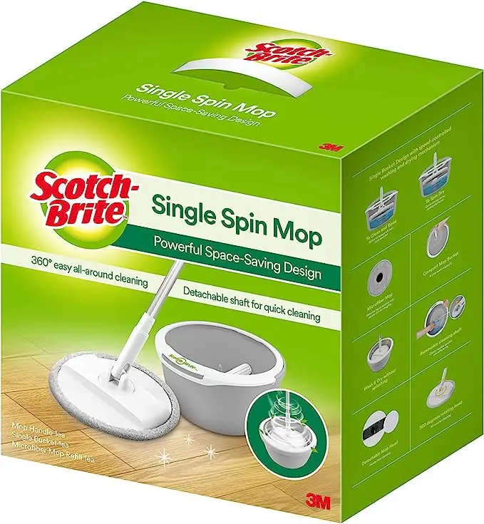 3M Sco.tch-Brite T6 Single Bucket Spin Mop - Compact/Clean / 100% Microfiber/Trap Dust, Grey