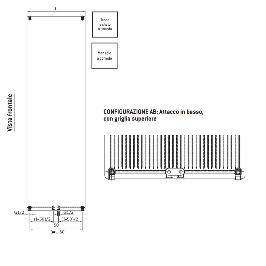 Made in Italy house furniture hydraulic radiator 140x70 cm center distance 50 mm Model Almost Black