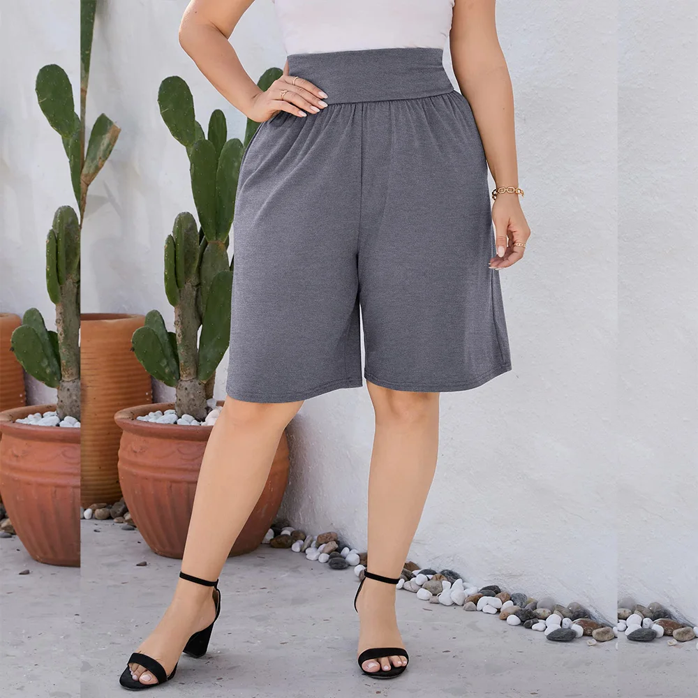 Wholesale Custom Plus size women casual stretch comfortable cropped straight shorts with high yoga waistband and side pockets