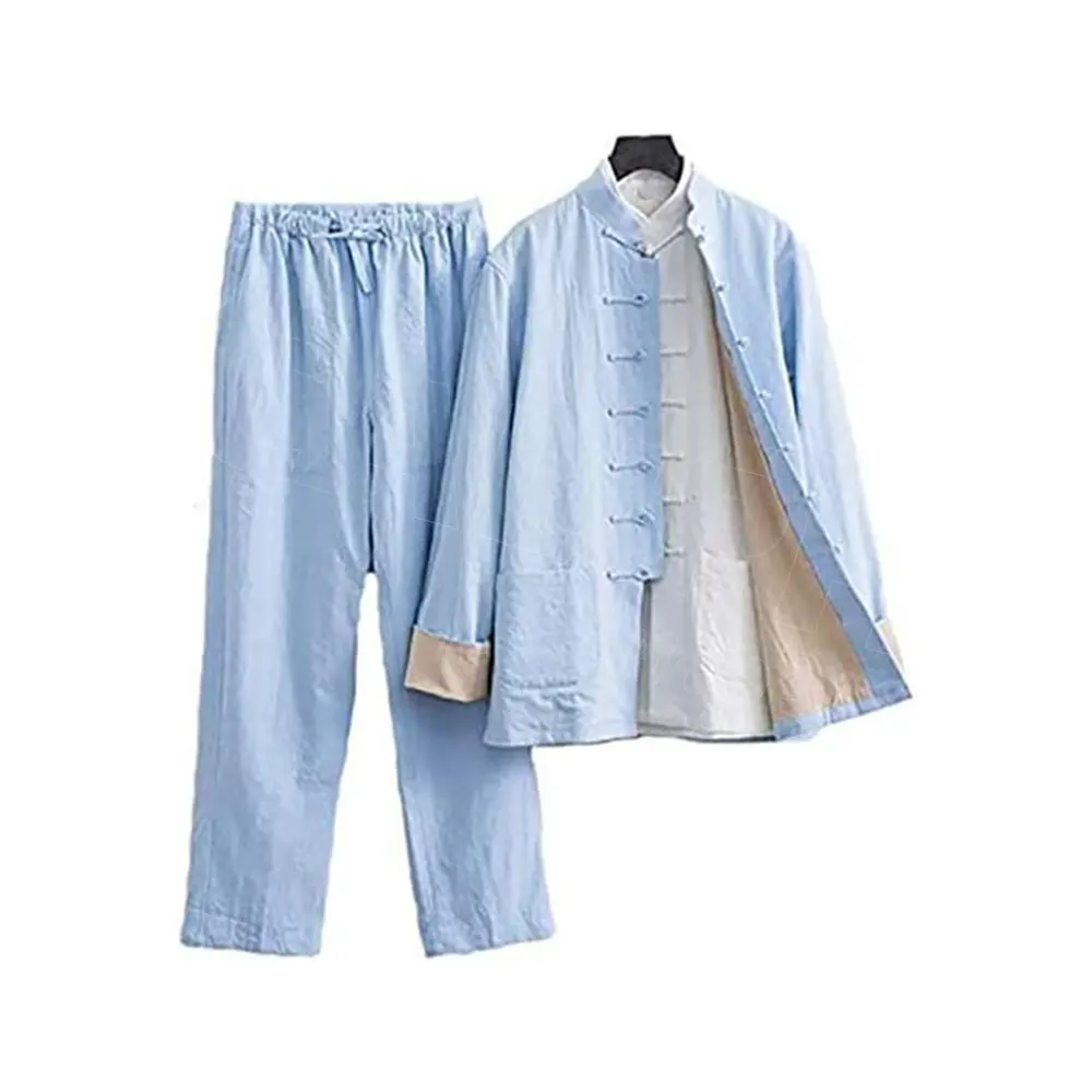 New Pure Cotton Traditional Chinese Tang Suit Long Sleeve Set Kung Fu Clothes Uniform Shirt Coat Pants for Men