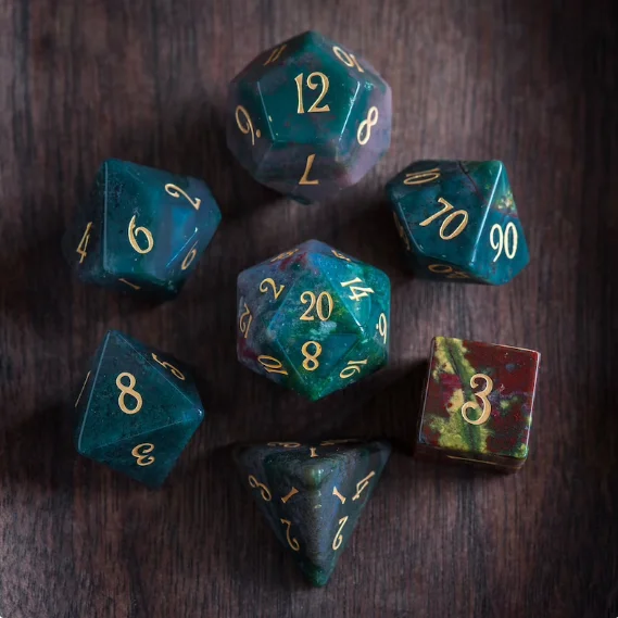 Moss agate Gemstone DnD Dice Set All Number Dice  with  Velvet bag