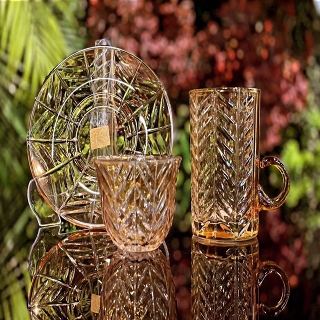 custom wholesale hot sales unique hand cut and colored special decor and design 12 pcs tea setswith hand for quests from turkey