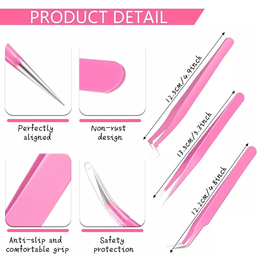 3 Pieces Lashes Tweezers Set Stainless Steel Curvy Tweezers Curved Lash Extension Tweezers Wholesale Customized