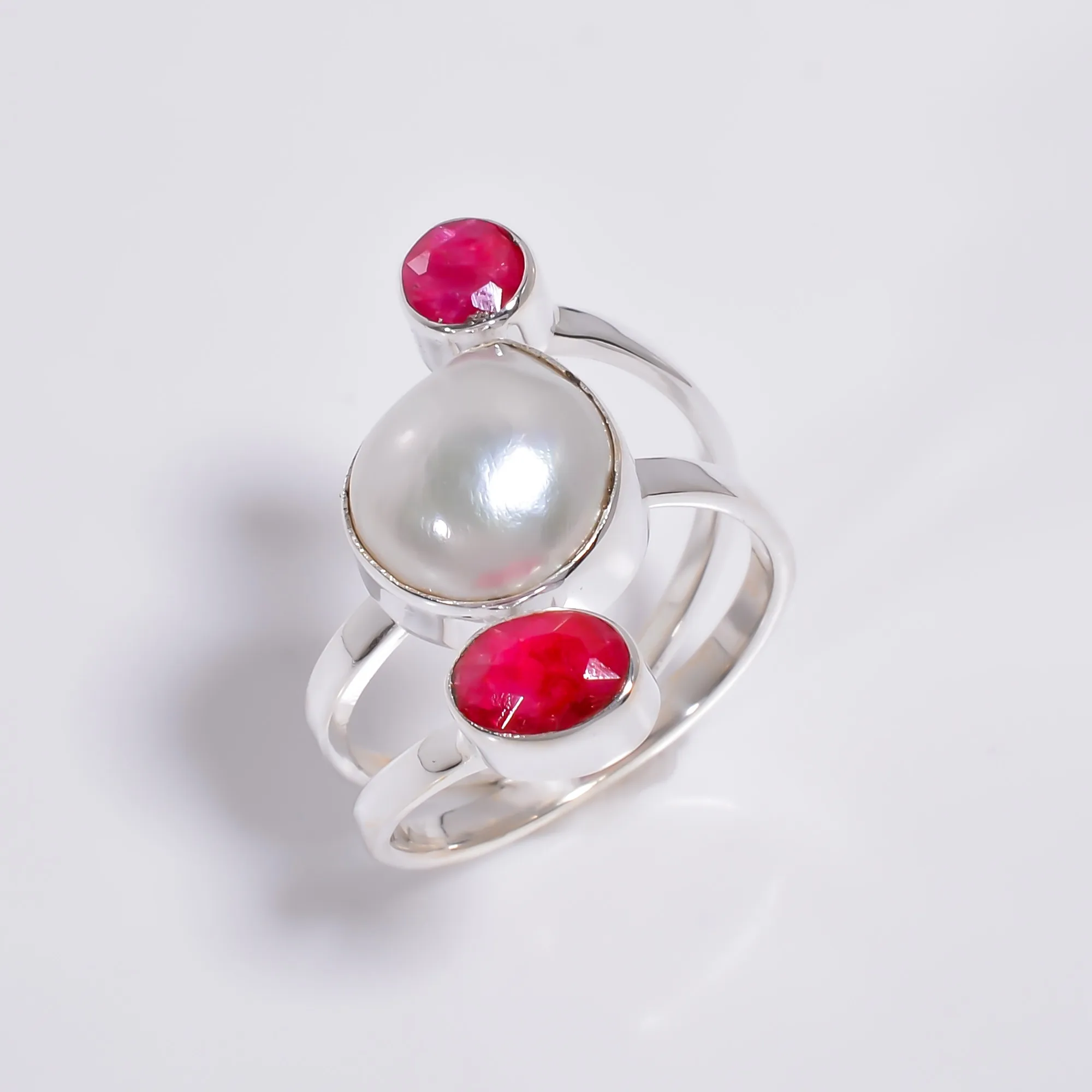 Women Fashion Silver Gemstone Jewelry, Natural Baroque Pearl Ruby Gemstone 925 Sterling Silver Ring, Handmade Silver Jewelry