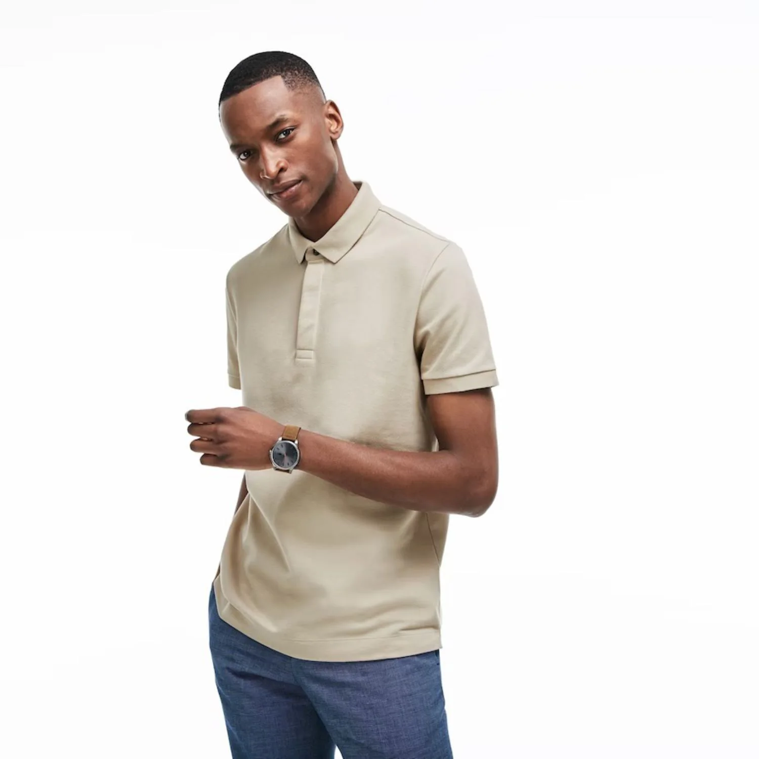Custom Embroidered Logo Regular Fit 100% Light Beige Stretch Cotton Pique Polo Shirt with Concealed Button Placket and Rib