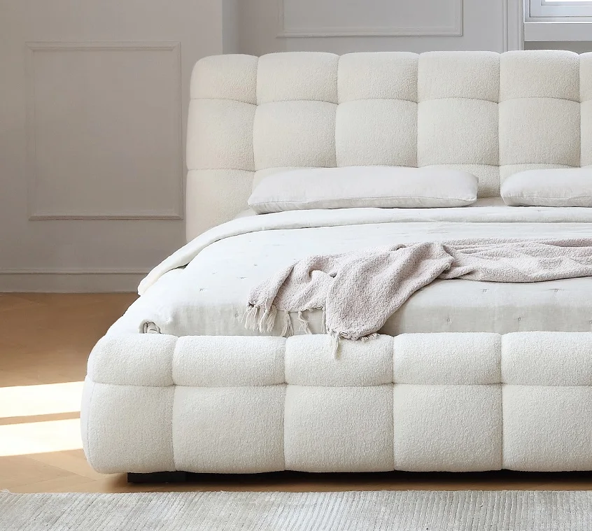 hot selling cotton sugar shape boucle fabric queen size bed frame luxury upholstered bed for bedroom
