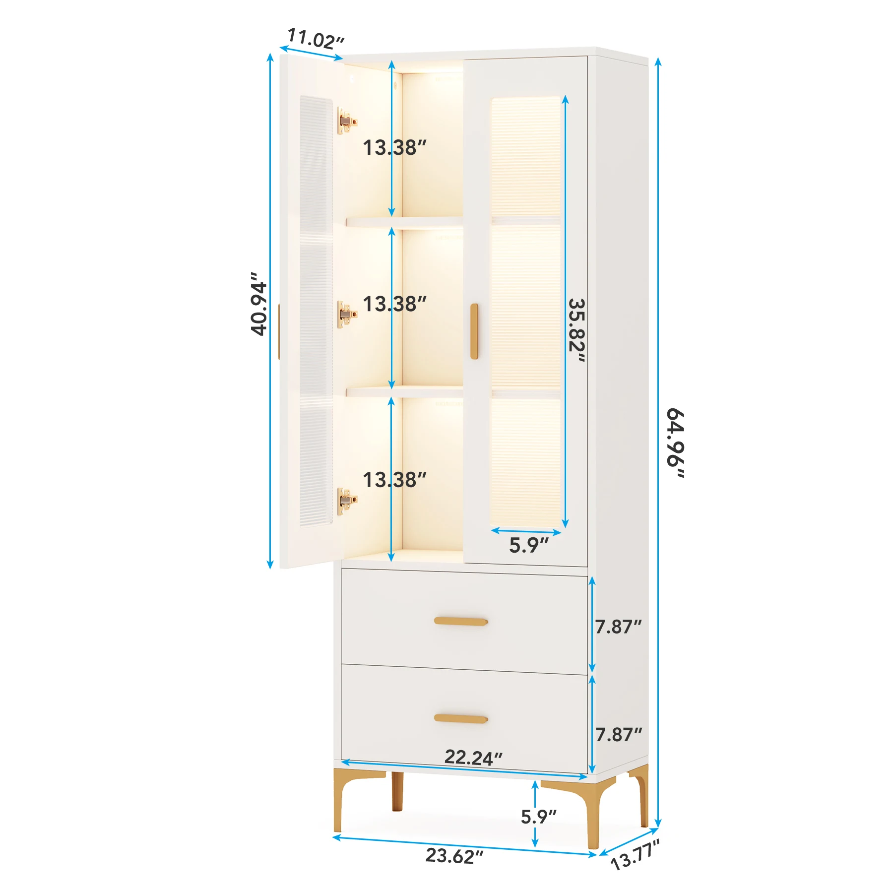 Tribesigns White Bookcase with Doors and LED Light Freestanding Bookshelf with 2 Drawers Luxury Living Room Book Cabinet