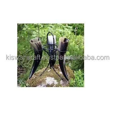 Buffalo 2024 Drinking Horn With Metal Stand 3 Drinking Horn stand Brass Rim And Tip Best Quality