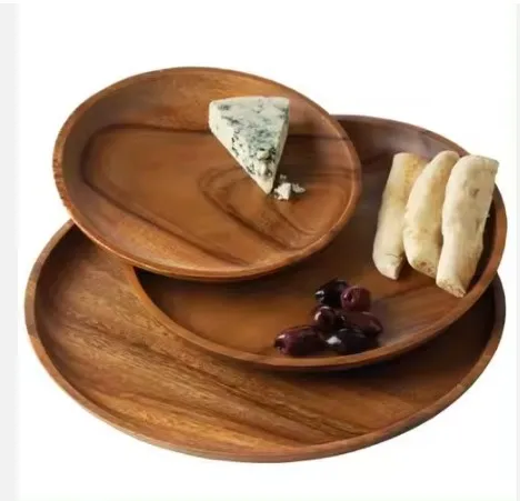 100% wood plate handmade shiny polished rustic solid wooden plate round shape wholesale price wood plate minimalist western