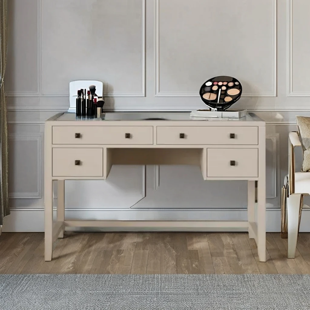 Modern MDF Wooden Bedroom Dressing Table with 5 Drawers and Wooden Legs Ribbed Design Makeup Vanity