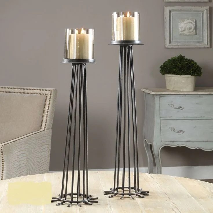 High Quality Cheap Handmade Classic Metal Iron Wire Tall One Candle Tea Light Floor Stand Black Glass Candle Holder Home Decor