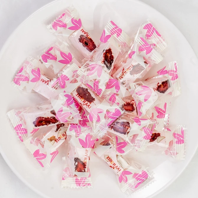 Quality Assurance Strawberry Flavour Semi-Soft Gummy Candy Strawberry Almond Nougat