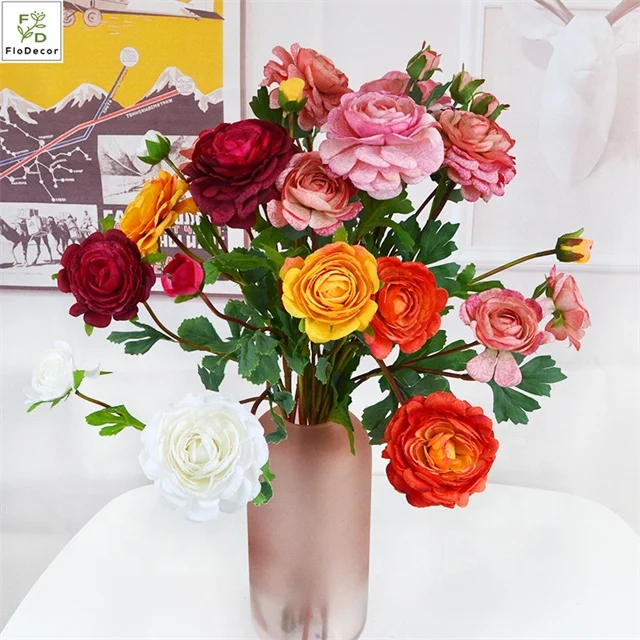 Высокое качество 3 головки искусственная шелковая ткань роза чай Ranunculus цветы для свадебного украшения дома