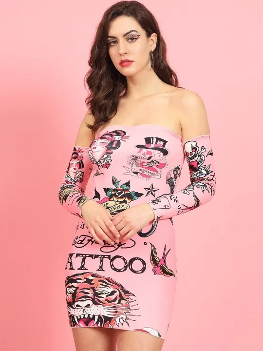 Custom Bodycon Off-shoulder Graphic Design Party Elegant Night-out Dress pink Women