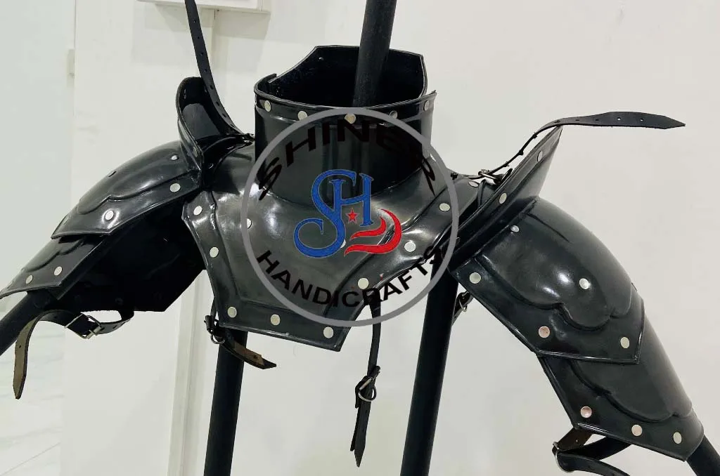 Medieval Knight Pair of Pauldrons with Gorget Sports Armor Shoulder Gorget Black Polished Costume Adult Size