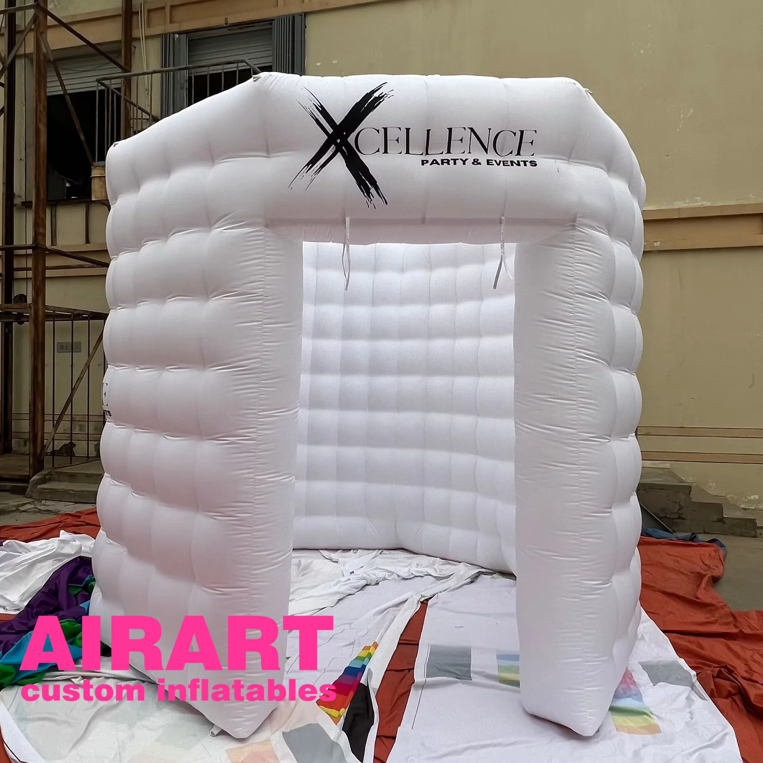 Custom logo inflatable white photo booth with led light for disco dj party event