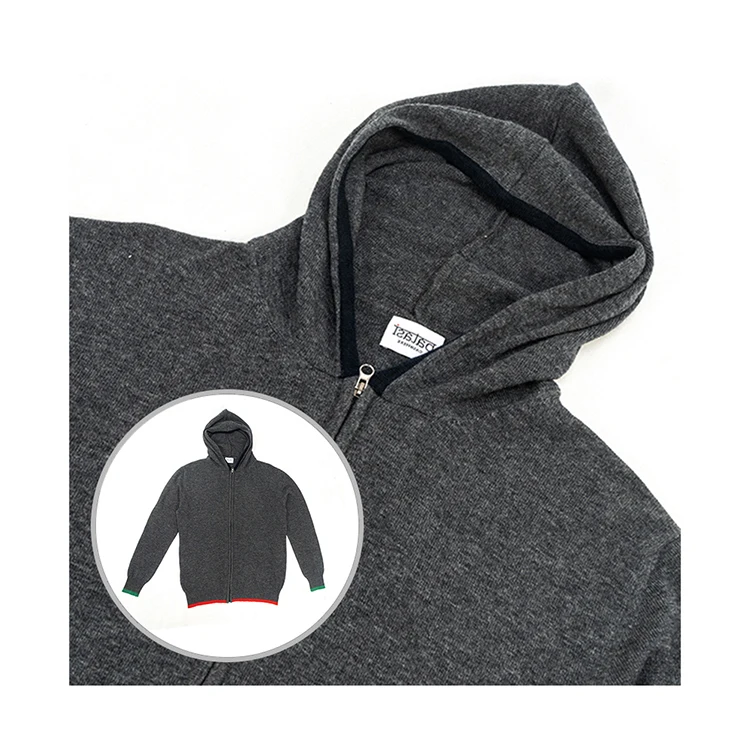 Custom Logo Printed 100% Cashmere Charcoal Grey Flat Knitted Track Jacket with Warm Hood Fancy Long Outdoor Jacket