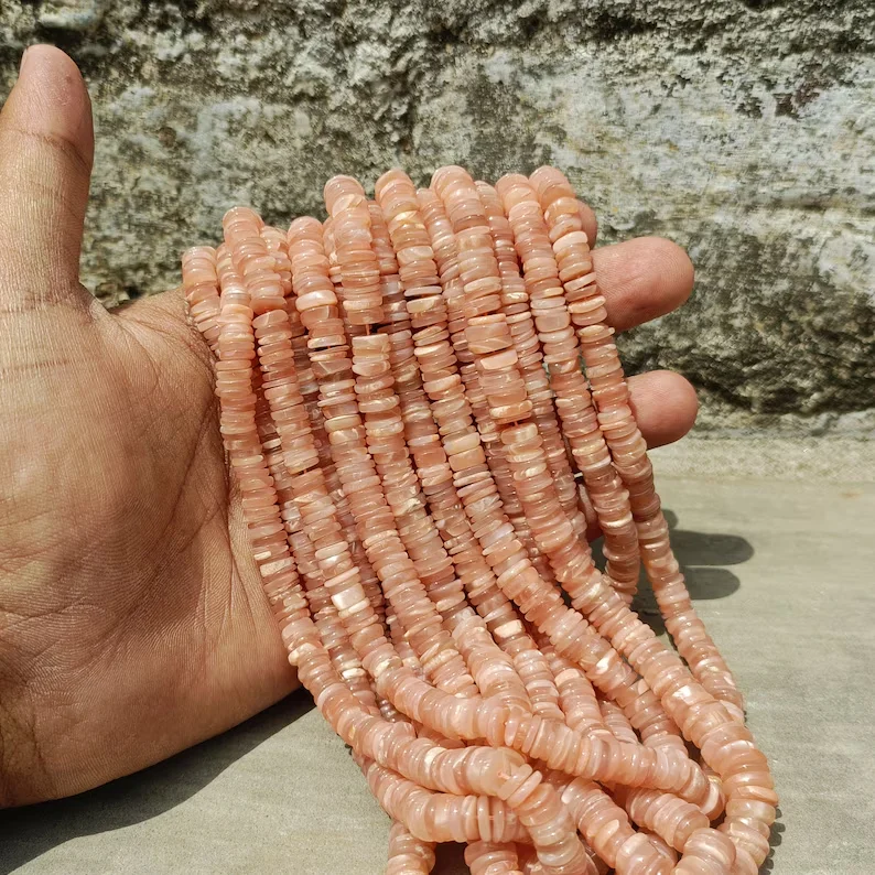 Peach Moonstone Smooth Heishi Tyre Shape Gemstone Beads 7mm Plain Tyre Beads For Jewelry Making 15 inches From India Manufacture