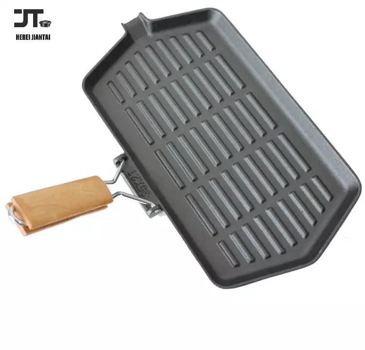 Multipurpose Steak Frying Pan, 28cm Cast Iron Non-Stick Grill, Deep Square Griddle Pan with Folding Wood Handle Cooking Pans