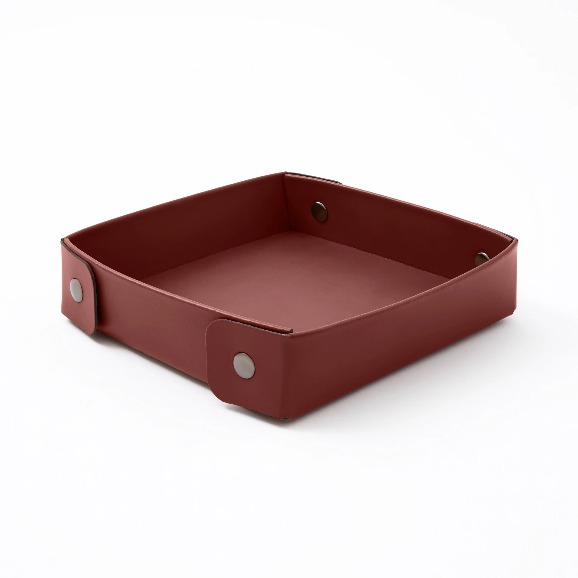 Square Valet Tray Bonded Leather Burgundy Red cm 16x16 H4 Brass Rivets on the Corners Made in Italy