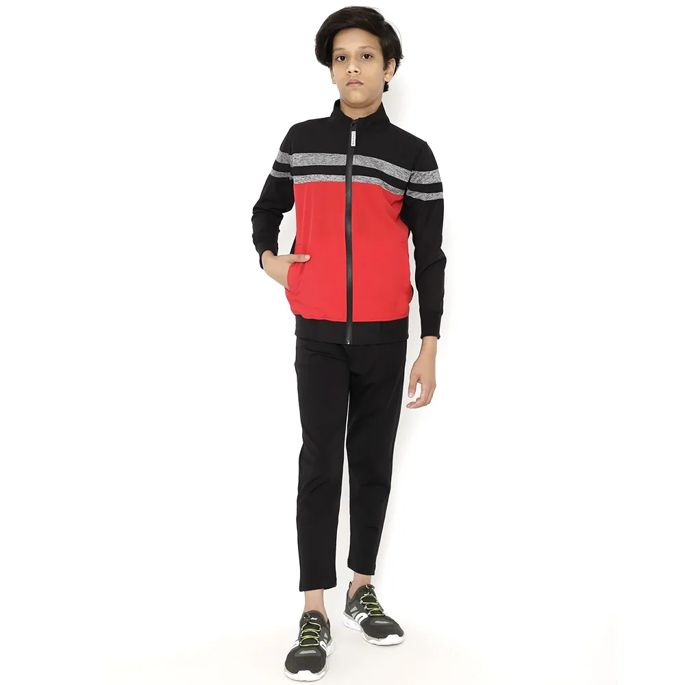 Custom Logo 2022 Pakistan Made Outdoor Wholesale Kids Jogging Suits Black And Red Kids Tracksuit BY MEGA EMPIRE