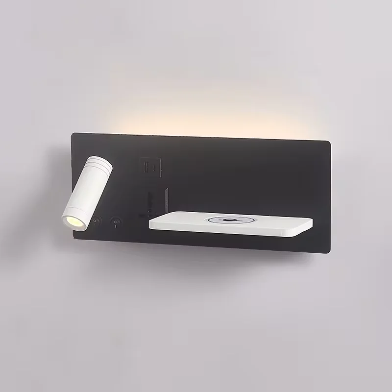 Indoor LED Wall Light Reading Lamp with USB Type-C Wireless Phone Charging Multi Plug Multifunction Bedroom Wall Lamp