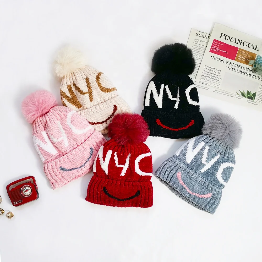 Kids Winter Chenille Knitted Skull Cap NYC Jacquard Letters Fashion Pom Pom Toque Boy Girls Soft Warm Cuffed Beanie Hats