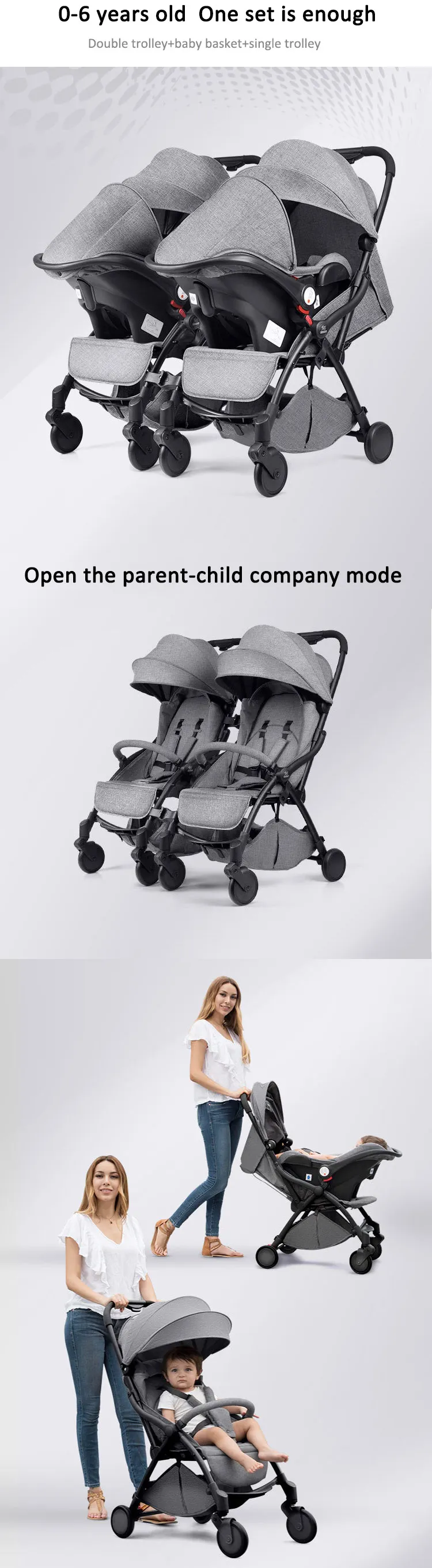 JXB Luxury Popular 3 in 1 Kids Strollers Baby And Toddler Twins Stroller