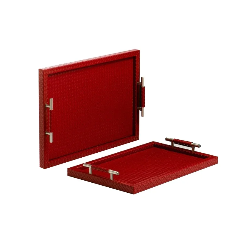 New Arrival Looking Serving Tray Antique Finishing Unique Style Set Of Two Lather Serving Tray with Metal Handle