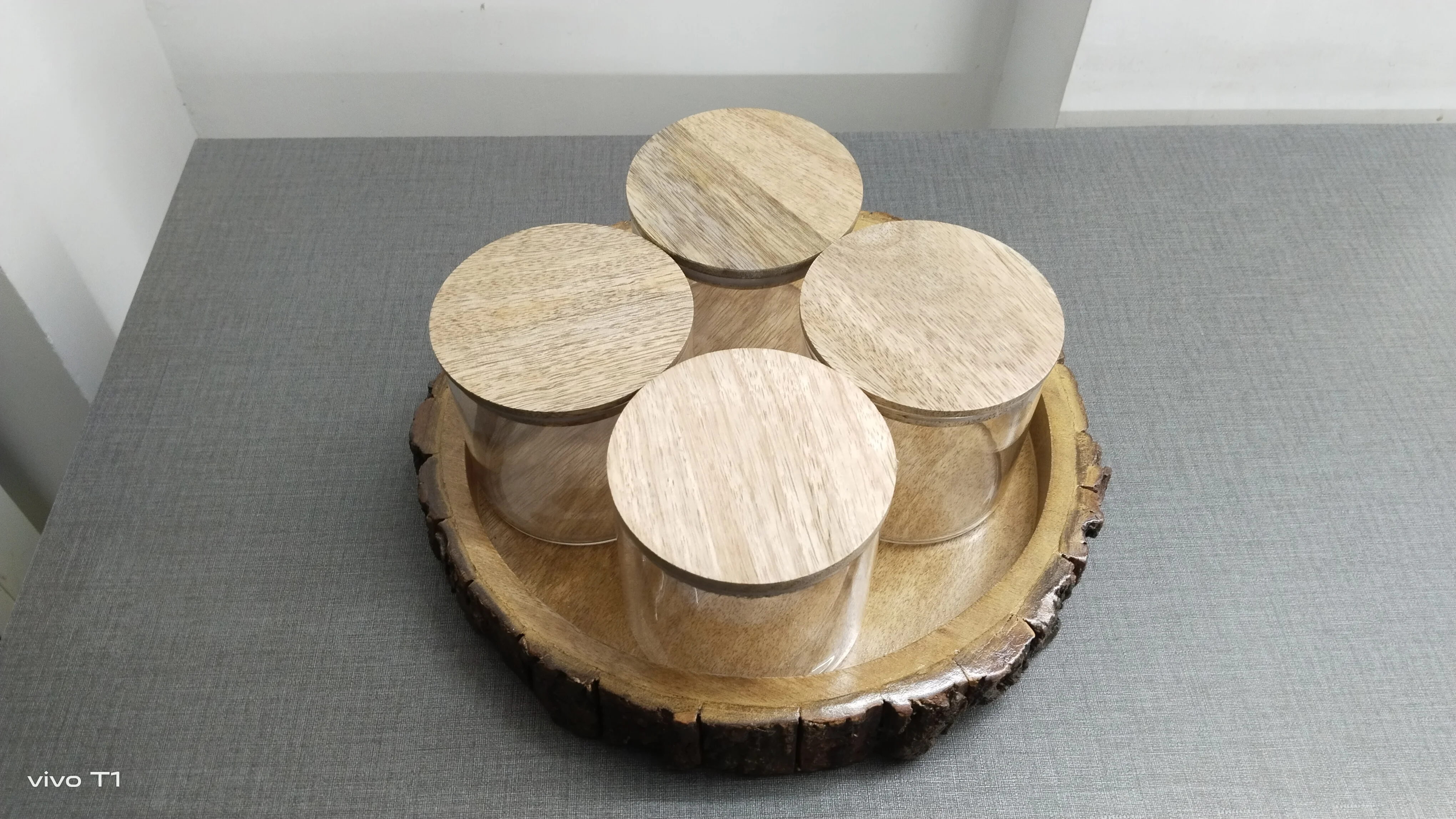 Top Quality Serving Wooden Tray with Borosilicate Glass Jars Set of Four Round Shape Wooden Tray used in Home Kitchen