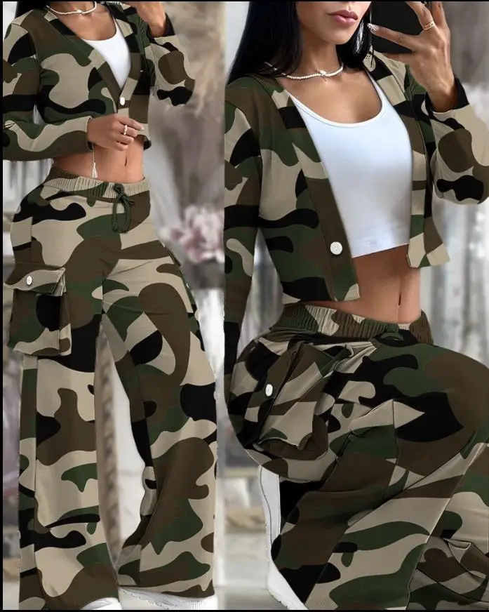 2024 Two-Piece Patchwork Wide-Leg Pants Pocket Short-Sleeved Top Latest Styles Custom Acid Wash Set Women Suits Office Formal
