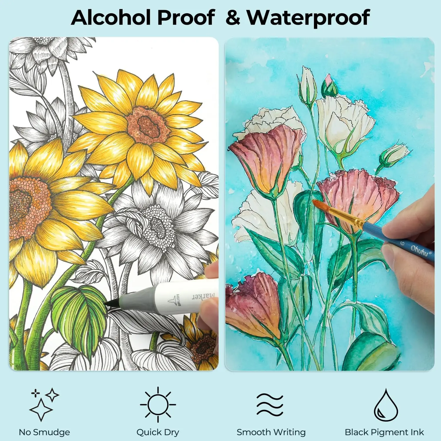 Ohuhu 9 Sizes Liquid Fineliner Pens Pigment Black Ink Micro Pens Assorted Point Smooth Writing Drawing Sketching Journaling Arti