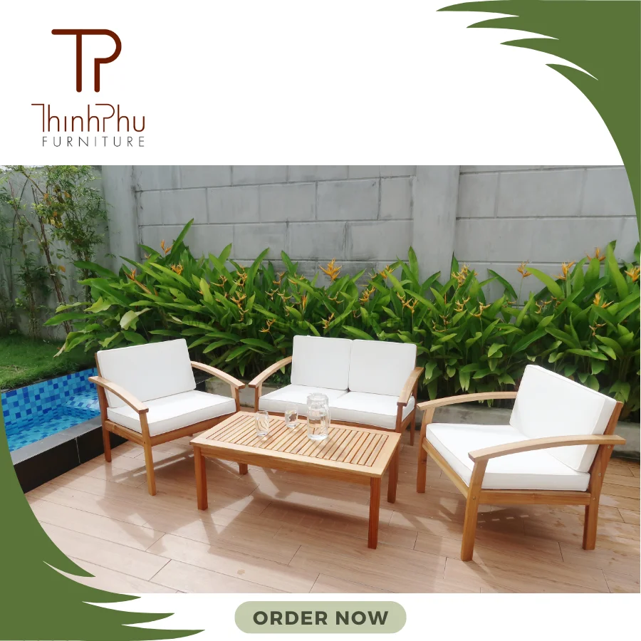 Trendy Style Outdoor Furniture Thick Cushion Sofa Coffee Table with Wood Fabric Composite Style Patio Setting Living Room Use