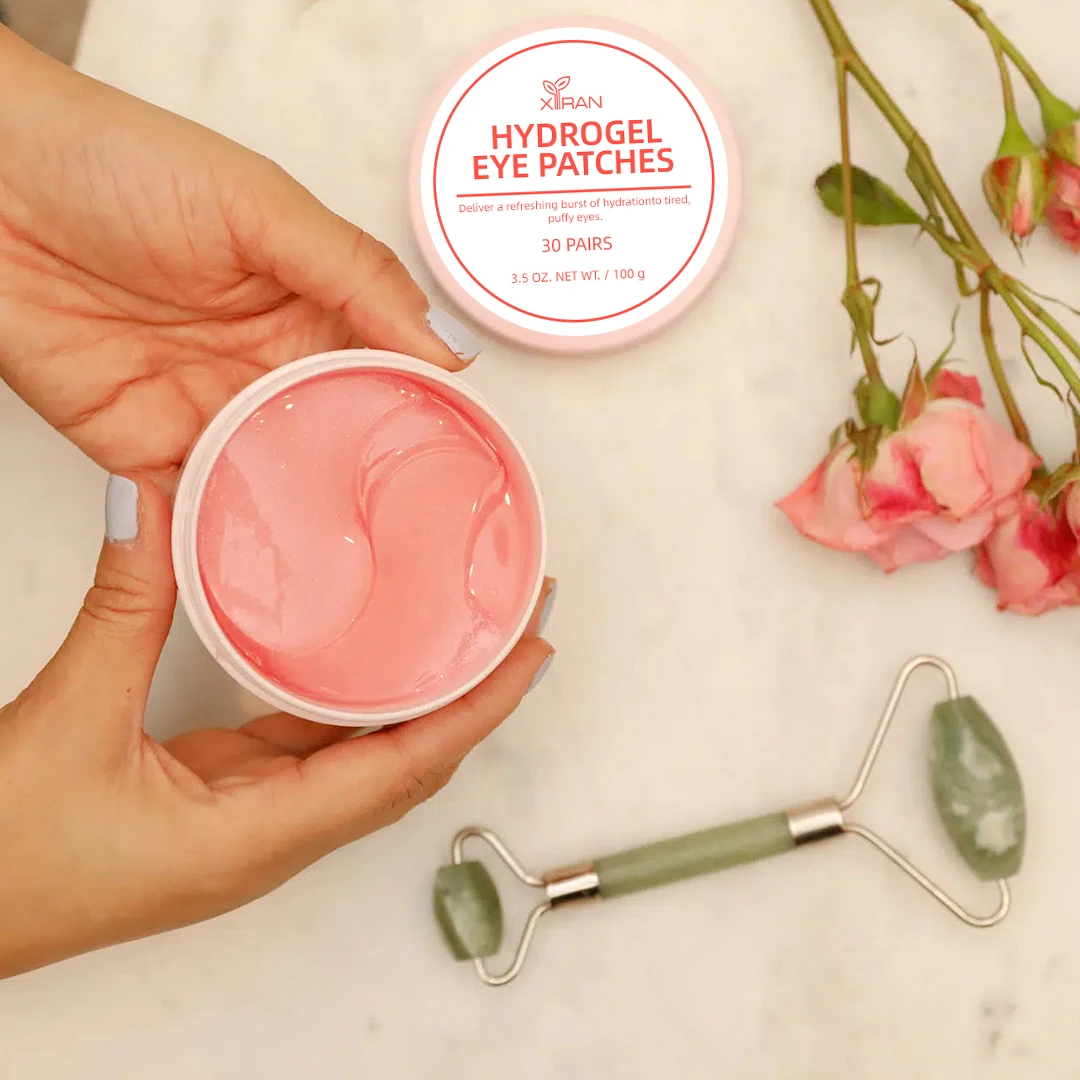 Private Label Hydrating Hyaluronic Acid Eye Masks With Collagen Shimmer Pink Under Hydrogel Eye Patches for Dark Circles