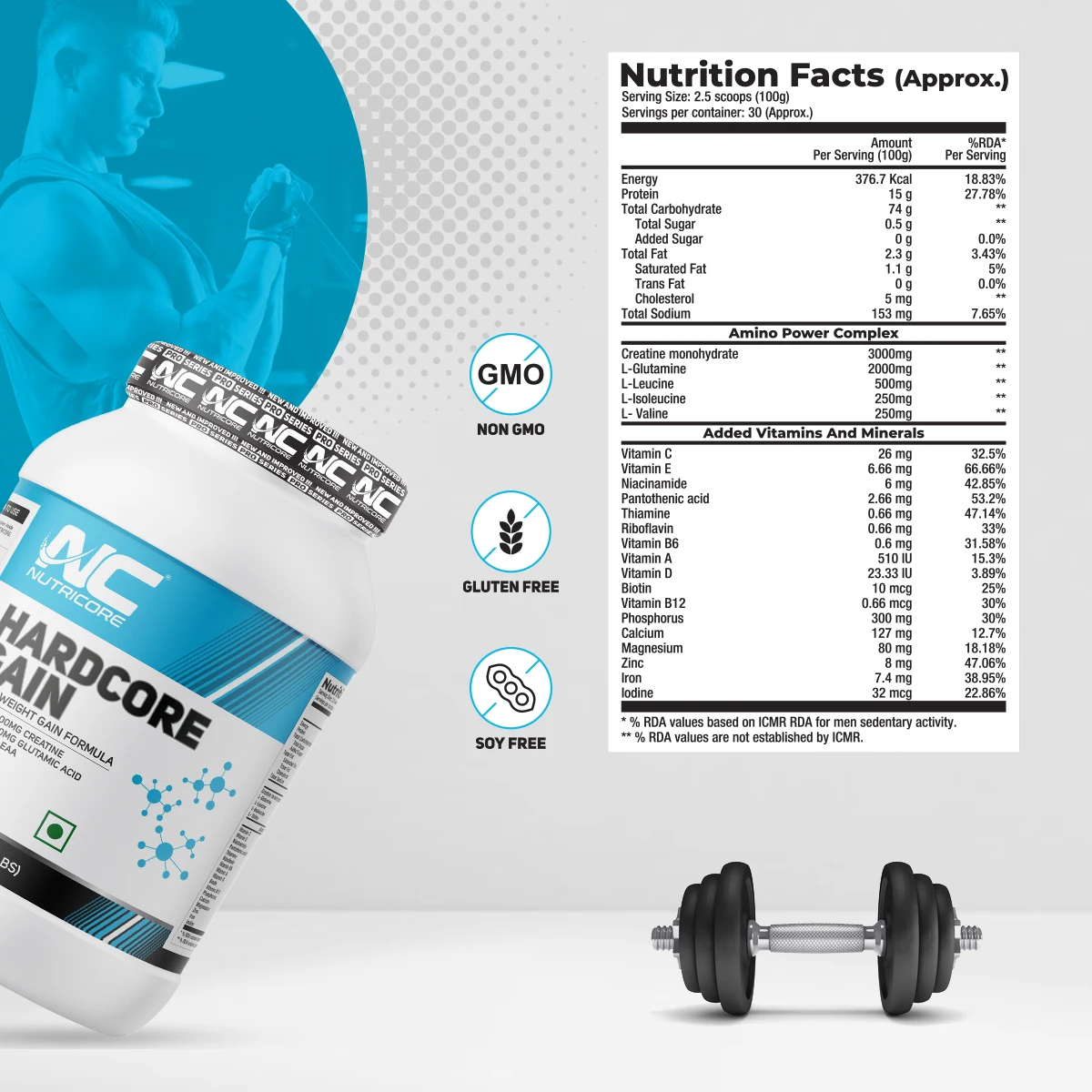 Wholesale Hardcore Gain Flavored Mass Gainer Supplement 3kg Packaging Size