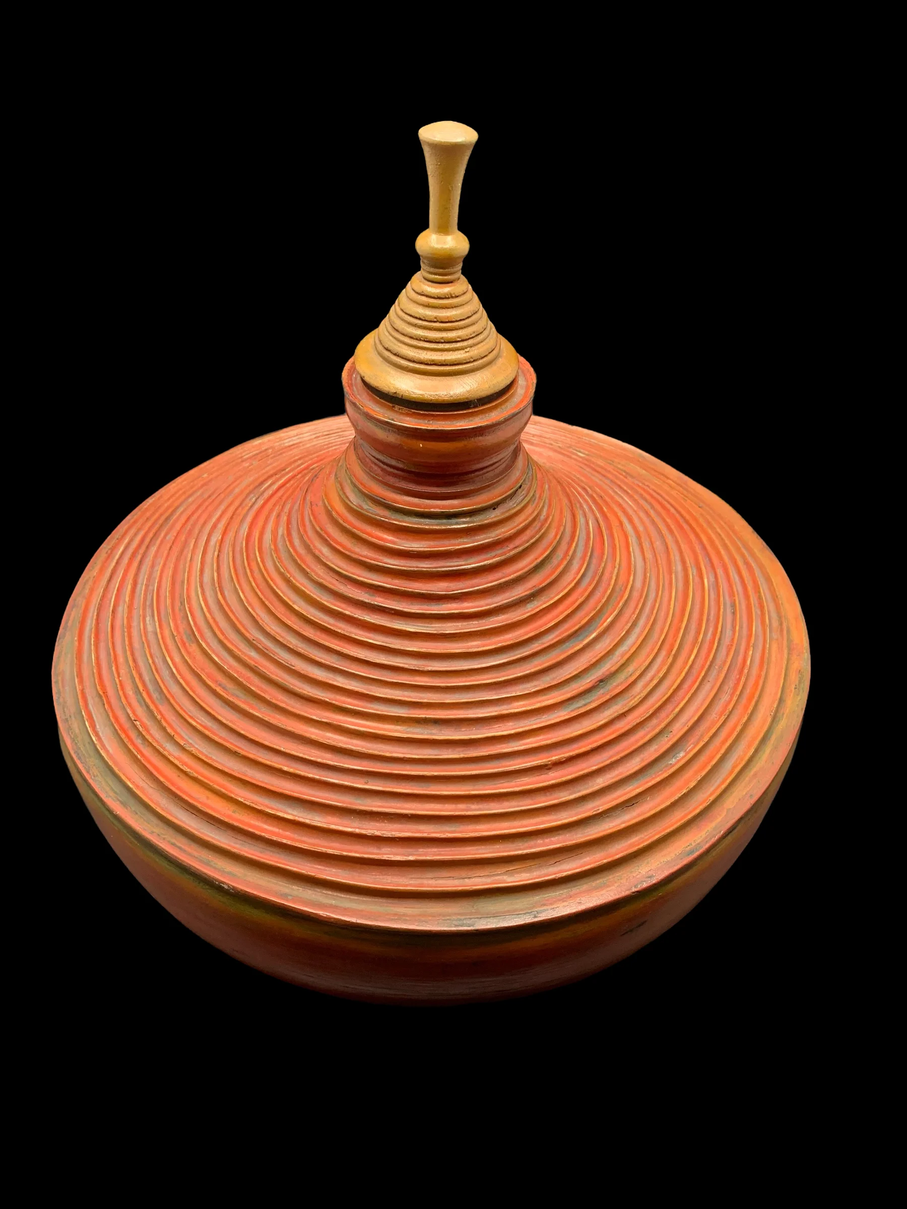 Thai Lanna Lacquer Ware for Food Deck Wooden Lid , Round Topped in the Shape of Pagoda Painted Red - Orange Vermillion Collect