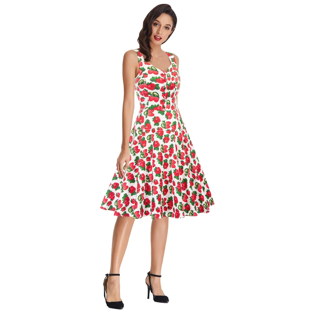 BP000416 Sleeveless V-Neck Flared Cotton Floral Printed A-Line Retro Vintage Dress