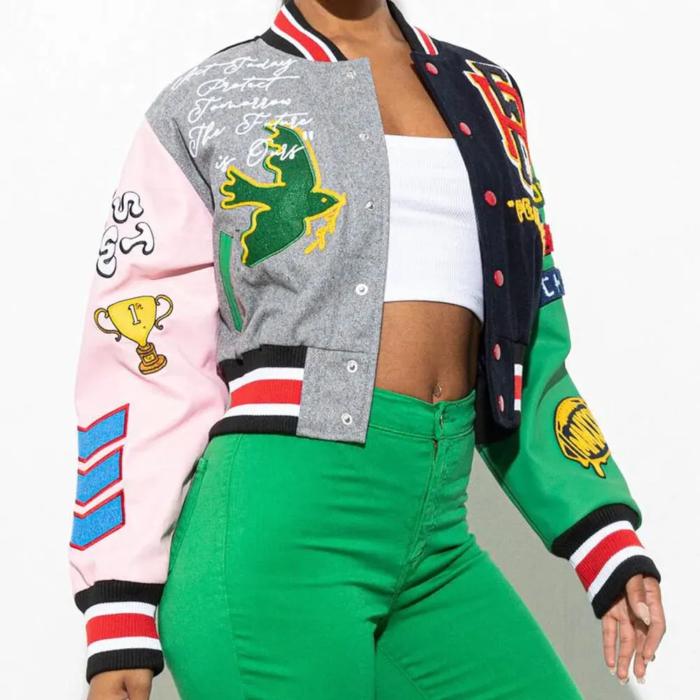 Breathable Women Crop Tops Jackets Button Embroidery Female Casual Fleece Coat Lettermen Custom Jacket Stylish For Girls