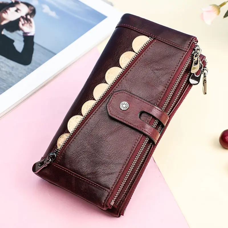 Long Wallet Women Genuine Leather Metal Frame Credit Card Holder Hasp and Zipper Woman Phone Purse 4 Color