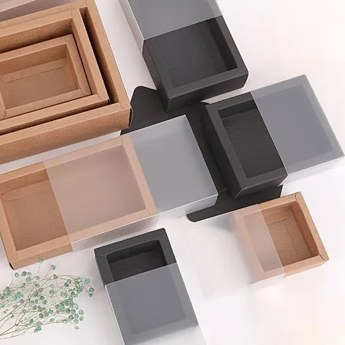 Wholesale YQH-d01 Rigid Kraft Paper Drawer Boxes With PVC Windows Cover For Jewelry Gift Packaging