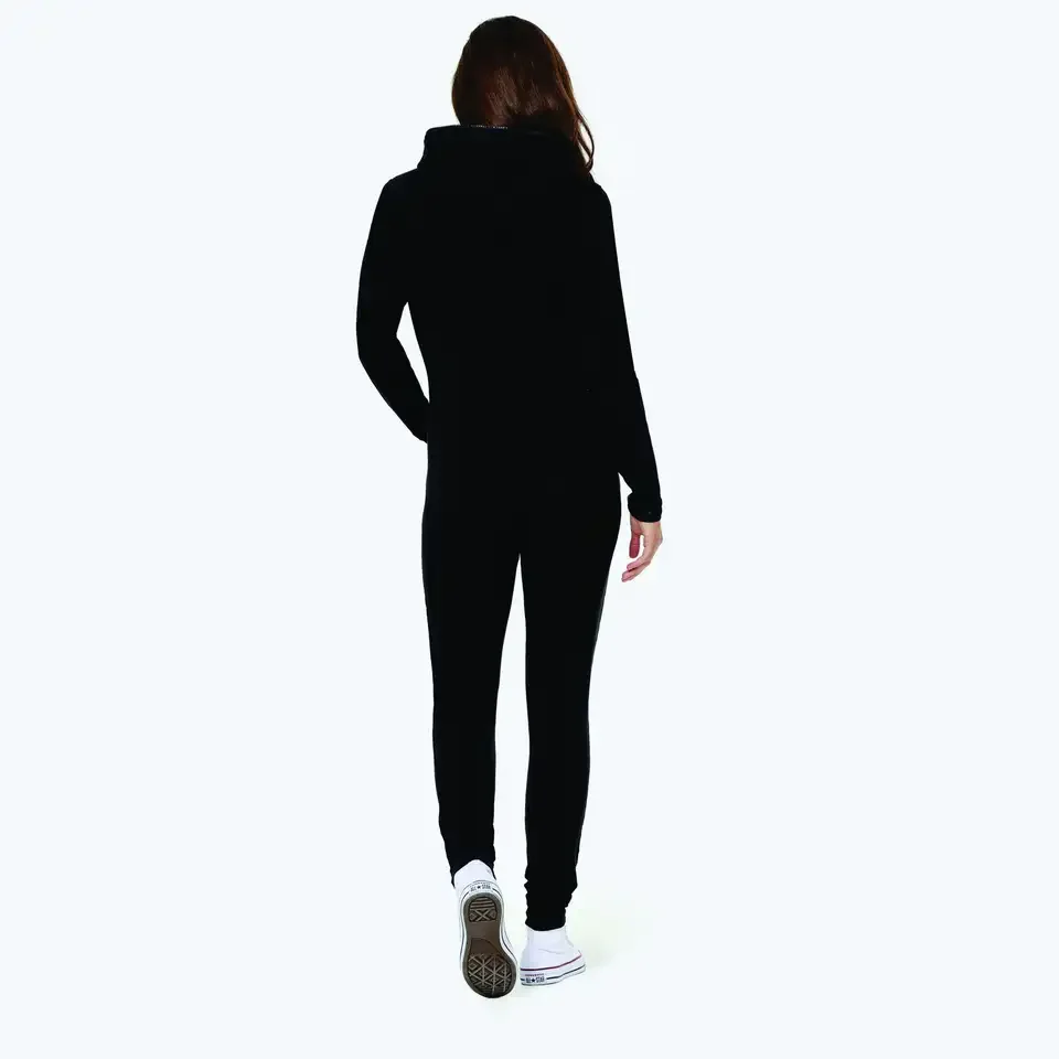 AMK New Arrival 93% Cotton 7% Elastane One Way Zipper Opening Front Pocket Black Women Original Fitted Onesie Slim Jumpsuit ODM