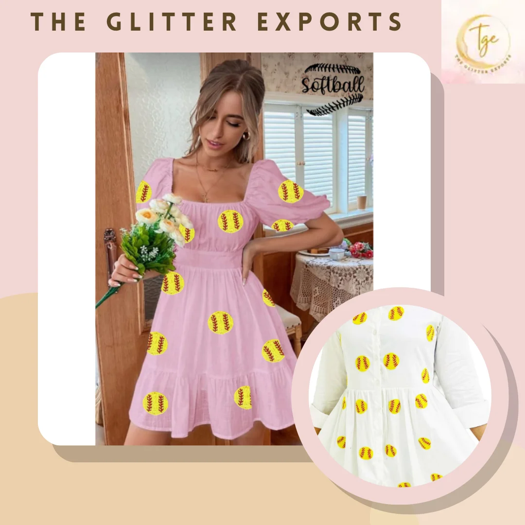 Buy High-grade Unique Apparel Custom Game Day Dresses with Softball-themed Beaded Patches for Women Wearing